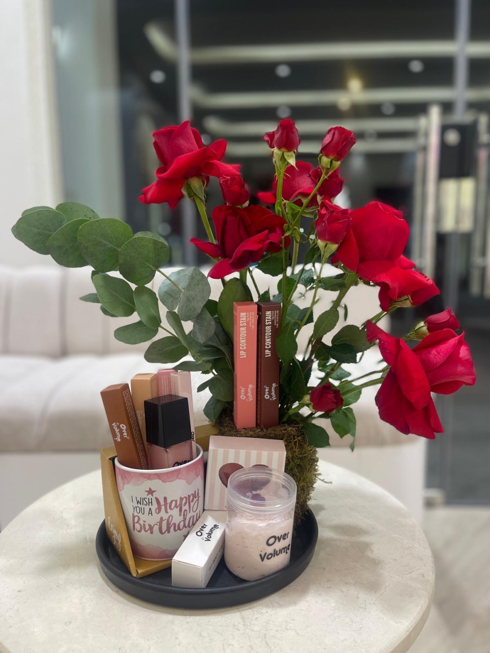 cosmetics gift with flowers